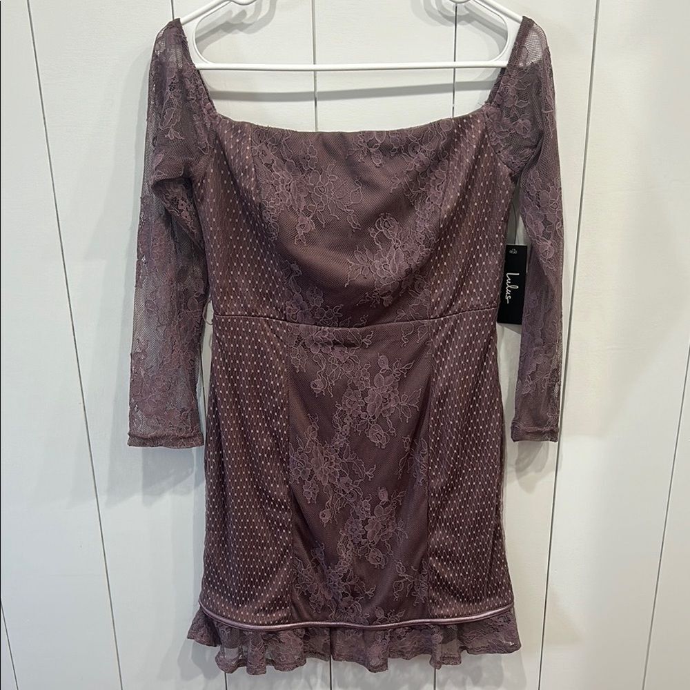 Lulu's Off the Shoulder Lace Lined Dress, Dusty Purple - Women's Size M